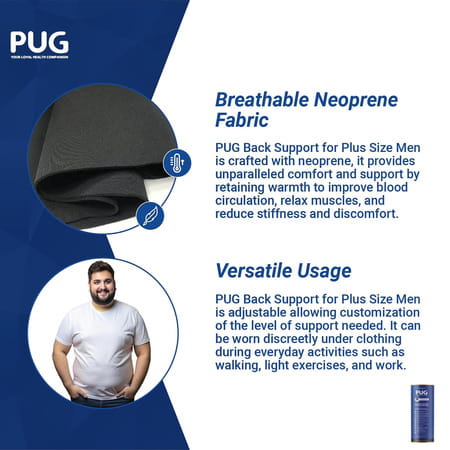 Pug Back Support For Plus Size Men | Ergonomically Designed | 38% Wider Back Support | Matte Black