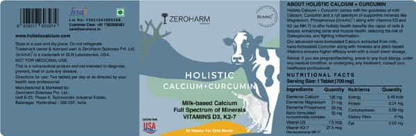 Zeroharm Holistic Calcium & Curcumin For Joint Muscle Bone Strength -60Tab