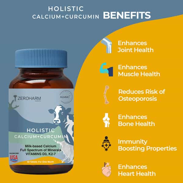 Zeroharm Holistic Calcium & Curcumin For Joint Muscle Bone Strength -60Tab
