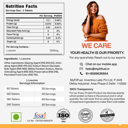 Myfitfuel L-Leucine (3000mg) (60 Tablets)| Amino Acid