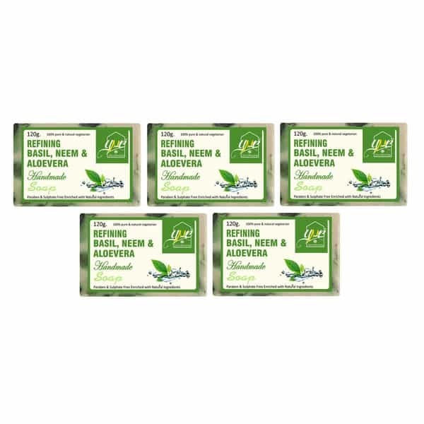 Ynb Yours Natural Buddy Organic Basil | Neem & Aloevera Handmade Soap 120G (Pack Of 5)