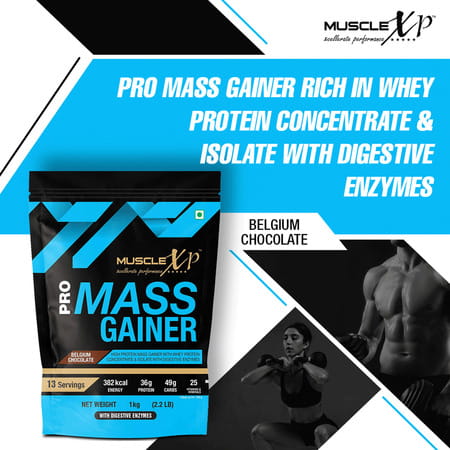 Musclexp Pro Mass Gainer Belgium Chocolate 1kg Pouch (2.2 Lb) (Pack Of 2)