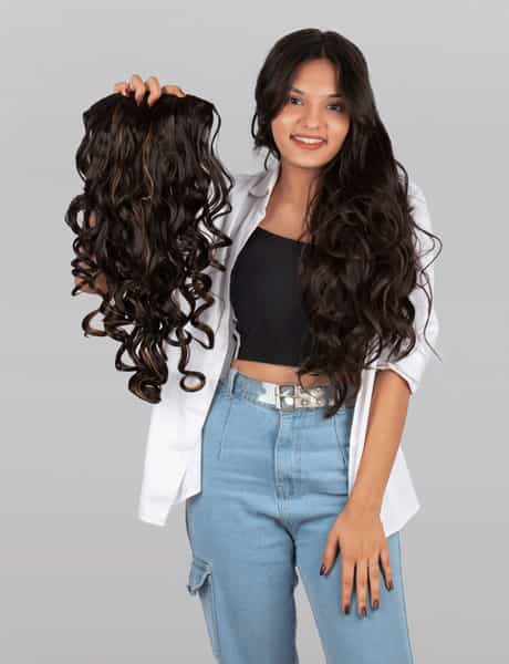 Streak Street Clip-In 24" Step Curl Dark Brown Hair Extensions With Golden Highlights