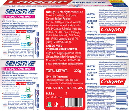 Colgate Sensitive Everyday Protection Toothpaste For Sensitivity Relief - 160 Gm (Pack Of 2)
