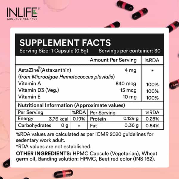 Inlife Astaxanthin 4 Mg Supplement | 30 Liquid Filled Vegetarian Capsules