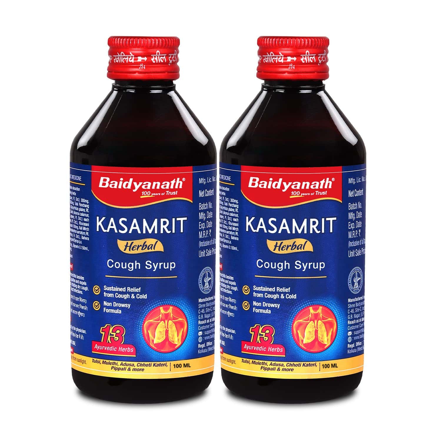 Baidyanath Ayurved Kasamrit Herbal Cough Syrup 100ml For Cough Relief (Pack Of 2)