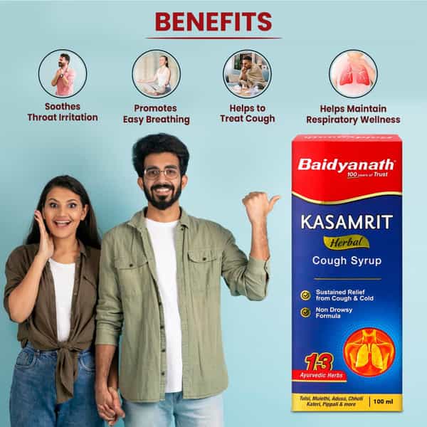Baidyanath Ayurved Kasamrit Herbal Cough Syrup 100Ml For Cough Relief (Pack Of 2)