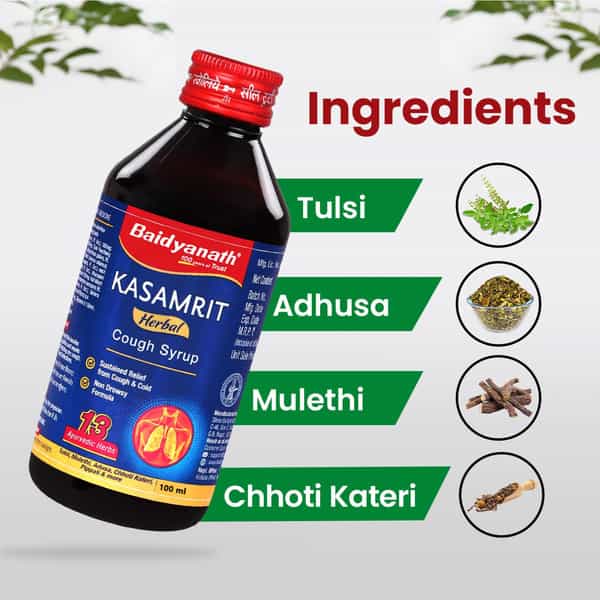 Baidyanath Ayurved Kasamrit Herbal Cough Syrup 100Ml For Cough Relief (Pack Of 2)