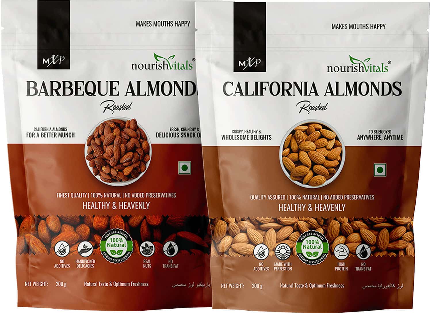 Nourishvitals Healthy Munching Combo | Barbeque Almonds + California Roasted Almonds (200gm Each)