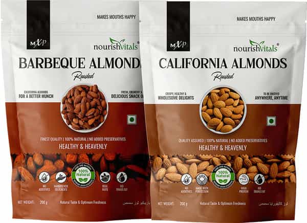 Nourishvitals Healthy Munching Combo | Barbeque Almonds + California Roasted Almonds (200Gm Each)