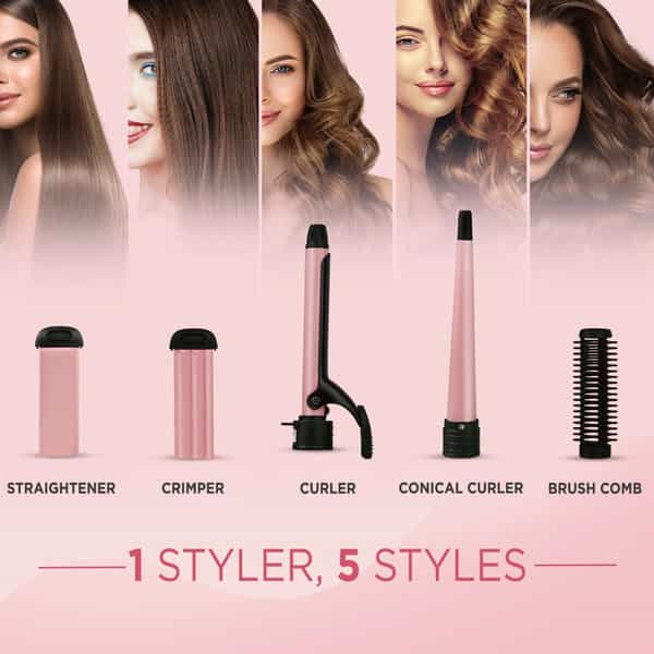 Syska 5 In 1 Multi Styling Kit Hs5000k Hair Straightener (Black Pink)