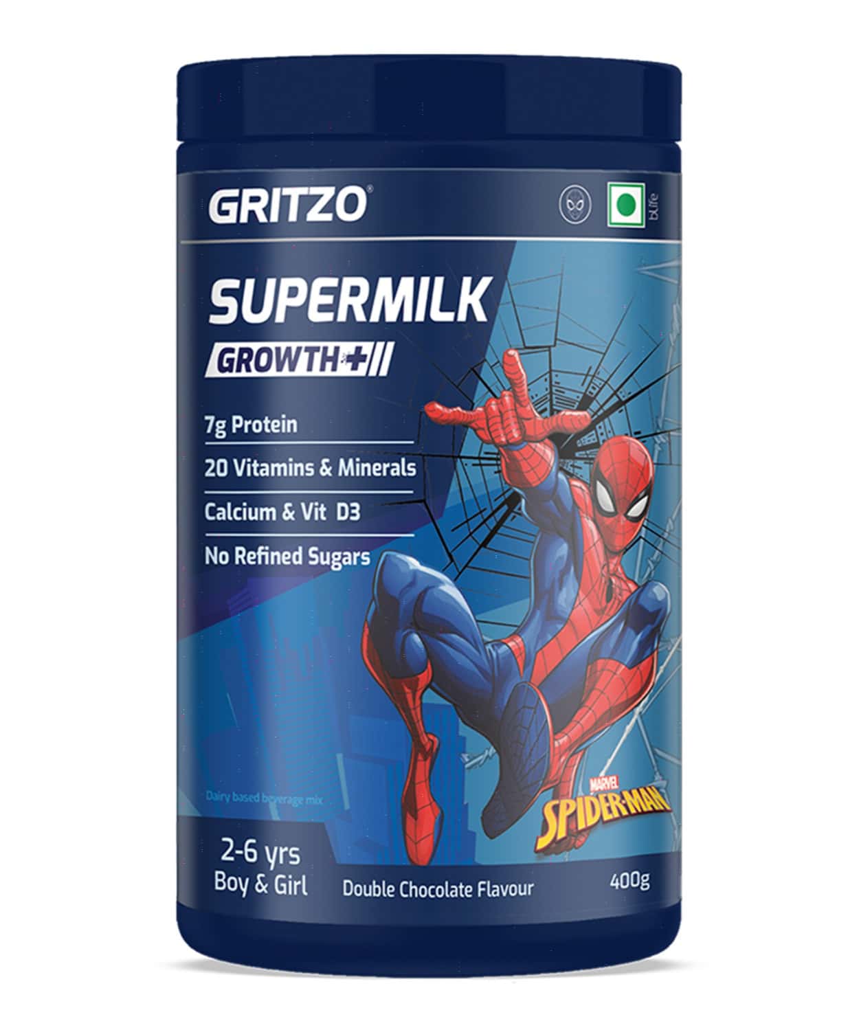 Gritzo Supermilk Growth+ Spiderman (2-6y Boy & Girl)| 7g Protein Powder (Double Chocolate| 400g)