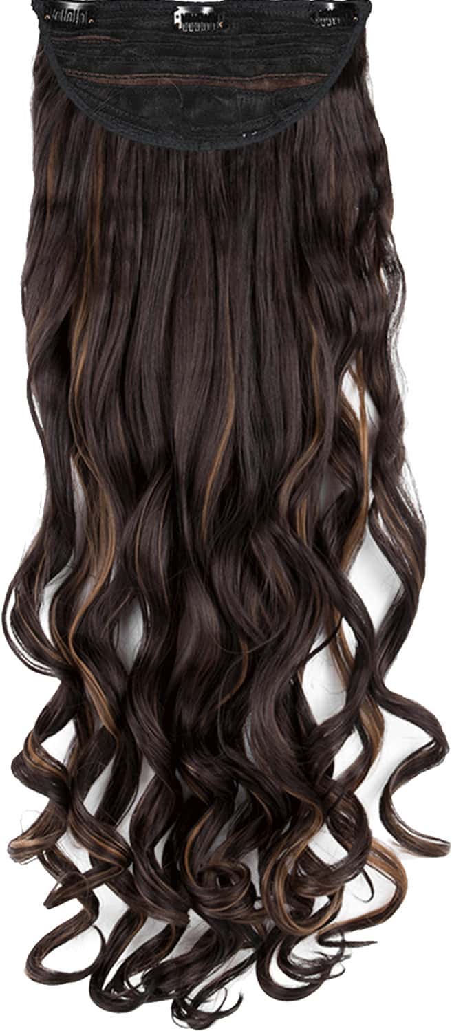 Streak Street Clip-In 30'' Beach Wavy Dark Brown Hair Extensions With Golden Highlights