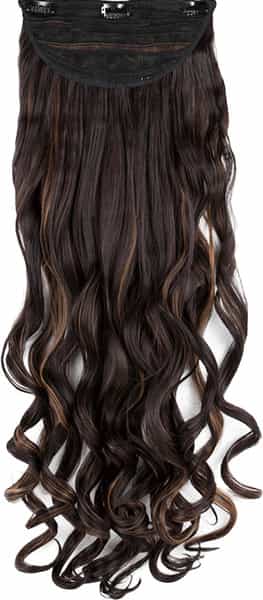 Streak Street Clip-In 30'' Beach Wavy Dark Brown Hair Extensions With Golden Highlights