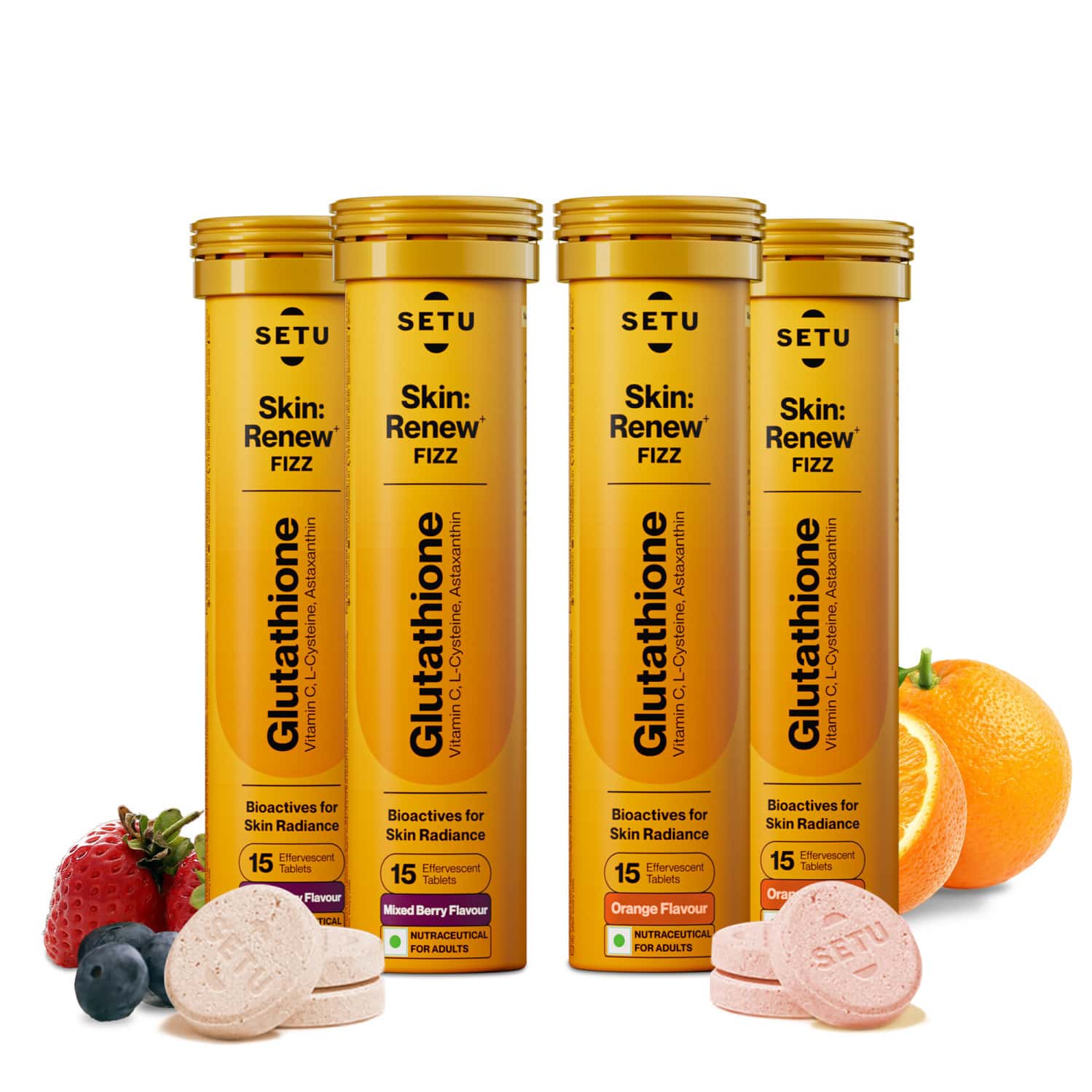 Setu Skin Renew - 30 Effervescent Tablets Mixed Berry & Orange Flavour | Glutathione With Vitamin C