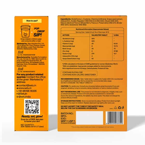 Setu Skin Renew - 30 Effervescent Tablets Mixed Berry & Orange Flavour | Glutathione With Vitamin C