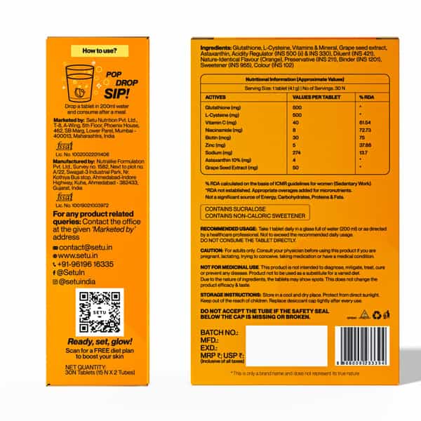 Setu Skin Renew - 30 Effervescent Tablets Mixed Berry & Orange Flavour | Glutathione With Vitamin C