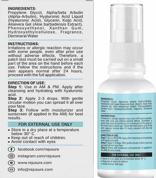 Rejusure Alpha Arbutin 2 + Hyaluronic Acid 2 + Kojic Acid 1 Face Serum - 30Ml