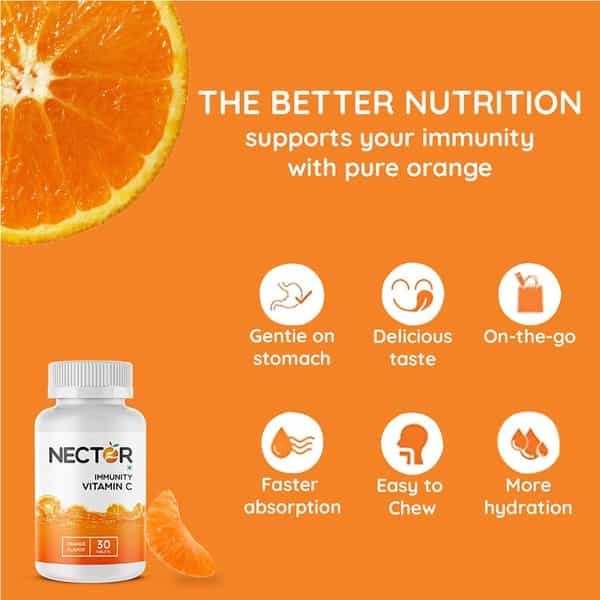 Nector Vitamin C Orange Chewable Tablets Immunity Antioxidant & Skincare - 30 Tablets