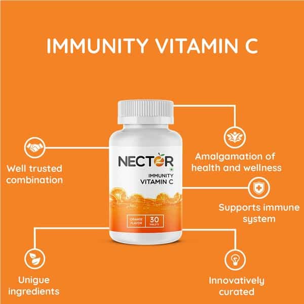 Nector Vitamin C Orange Chewable Tablets Immunity Antioxidant & Skincare - 30 Tablets