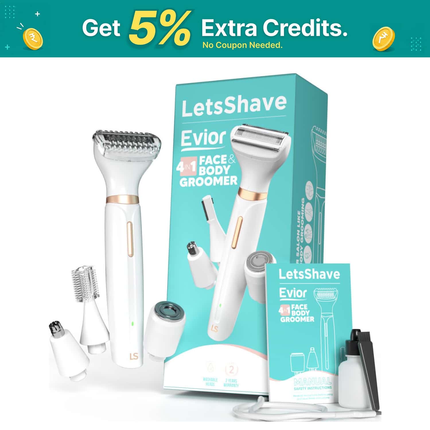Letsshave Evior 4-In-1 Face & Body Trimmer For Women | 4 Heads & 6 Functions | Skin-Safe Blades