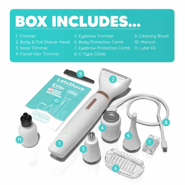 Letsshave Evior 4-In-1 Face & Body Trimmer For Women | 4 Heads & 6 Functions | Skin-Safe Blades