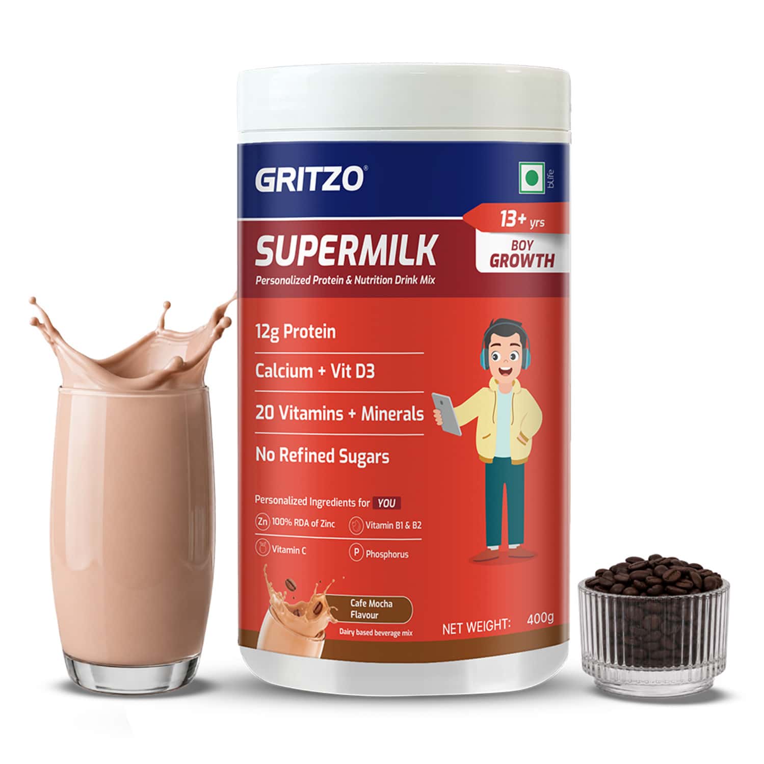 Gritzo Supermilk Growth (13+ Boy) | Cafe Mocha | 400g | 12g Protein With 20 Vitamins & Minerals