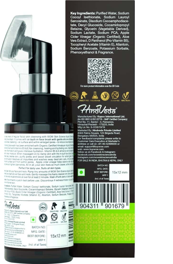 Buy WOW APPLE CIDER VINEGAR FOAMING FACE WASH WITH BUILT IN BRUSH 100
