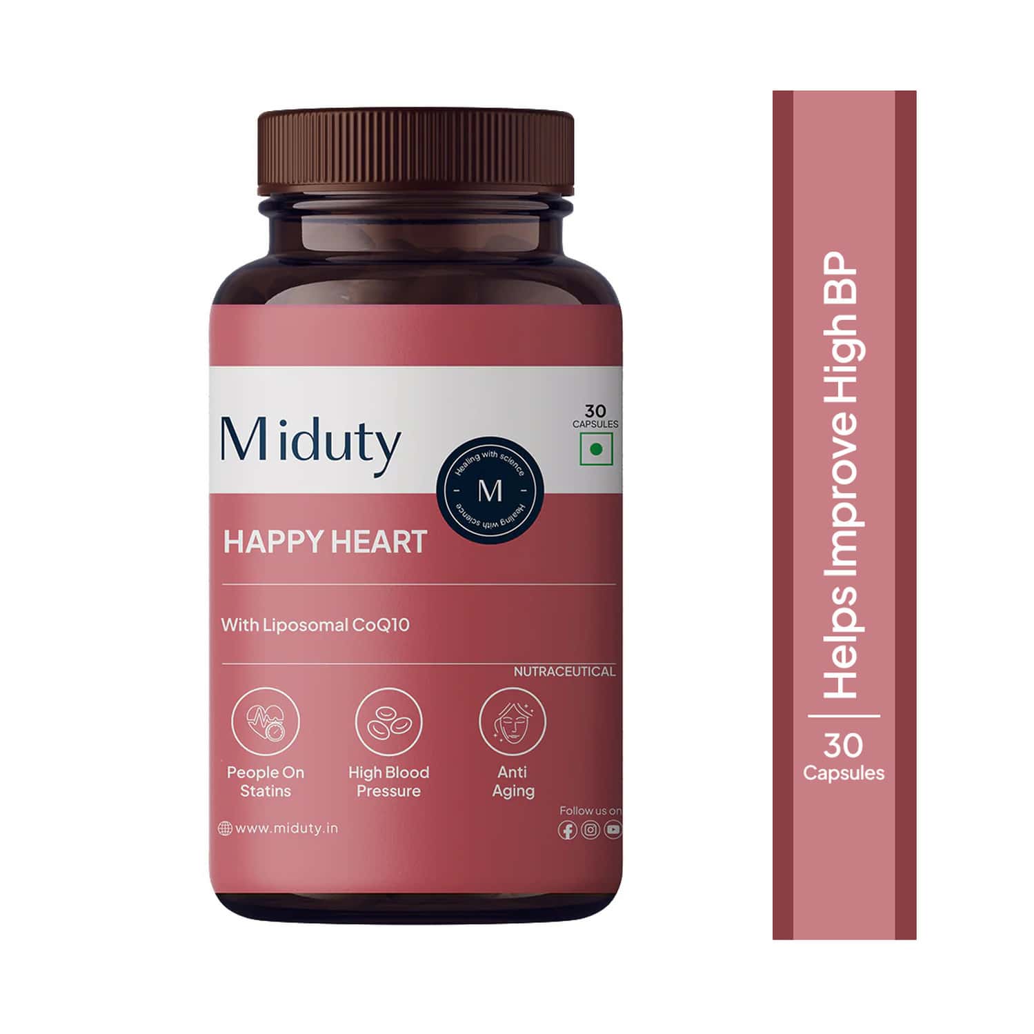 Miduty Happy Heart - Coq10 - Heart Health - Bp - Energy Booster - 100% Vegetarian - 30 Capsules