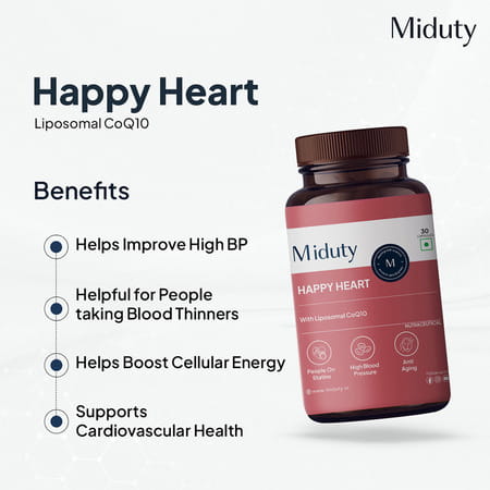 Miduty Happy Heart - Coq10 - Heart Health - Bp - Energy Booster - 100% Vegetarian - 30 Capsules