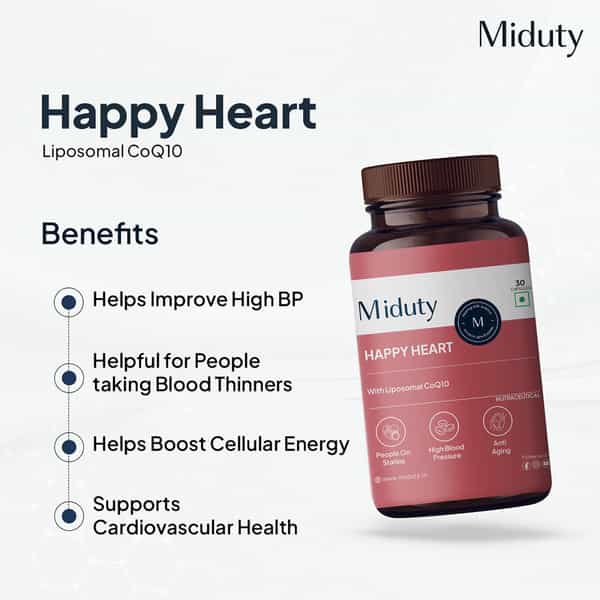 Miduty Happy Heart - Coq10 - Heart Health - Bp - Energy Booster - 100% Vegetarian - 30 Capsules