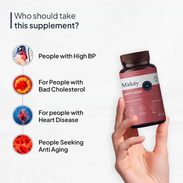 Miduty Happy Heart - Coq10 - Heart Health - Bp - Energy Booster - 100% Vegetarian - 30 Capsules
