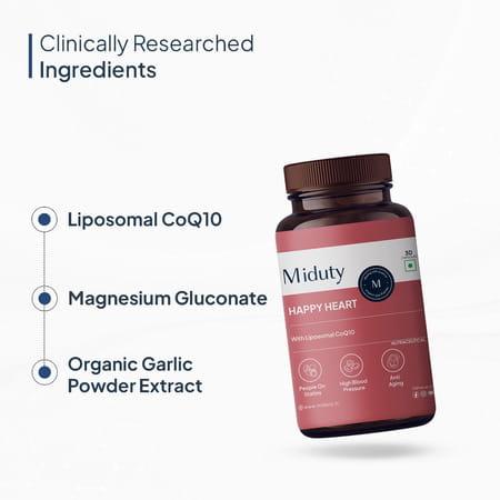 Miduty Happy Heart - Coq10 - Heart Health - Bp - Energy Booster - 100% Vegetarian - 30 Capsules