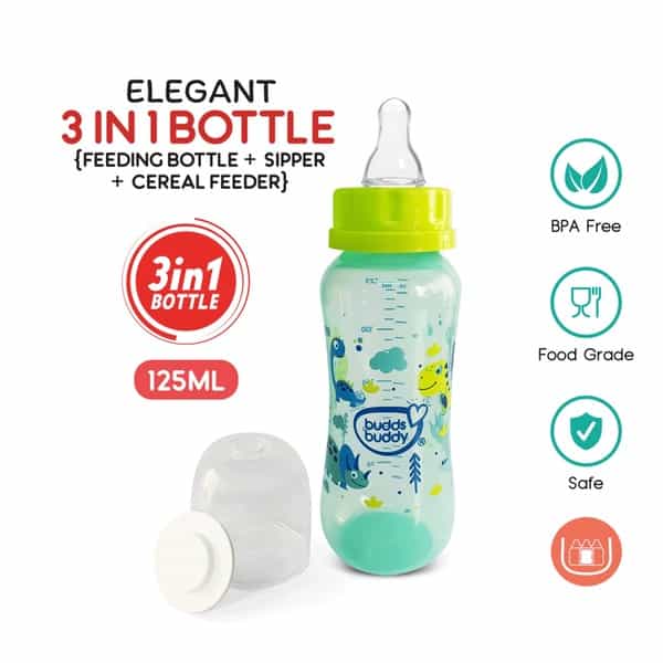 Buddsbuddy Elegant 3 In 1 Bottle (Feeding Bottle+Sipper+Cereal Feeder) - 125 Ml Green