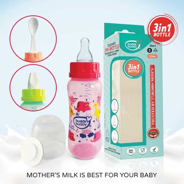 Buddsbuddy Elegant 3 In 1 Bottle (Feeding Bottle+Sipper+Cereal Feeder) - 125 Ml Green