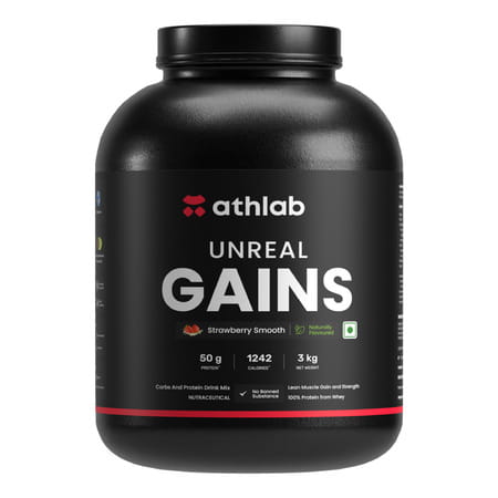 Athlab Unreal Gains Mass Gainer | Naturally Flavoured & Sweetened - Strawberry Smooth | 3 Kg