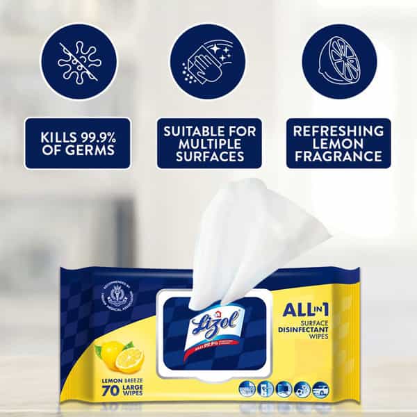 Lizol All-In-1 Surface Disinfectant Wipes Lemon - 70 Count