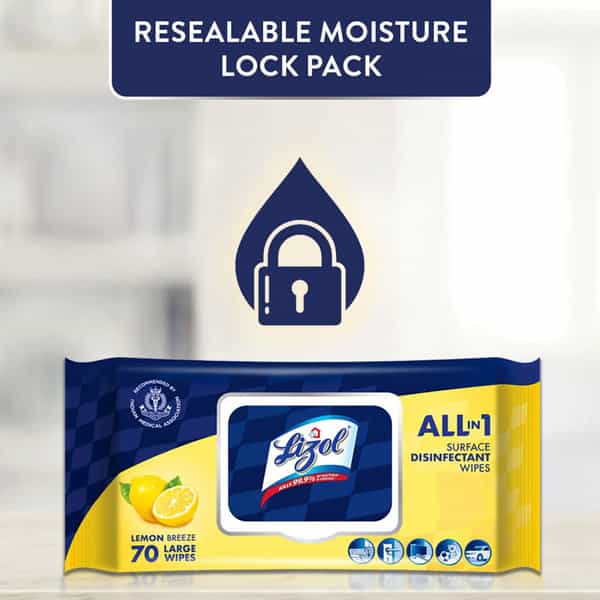 Lizol All-In-1 Surface Disinfectant Wipes Lemon - 70 Count