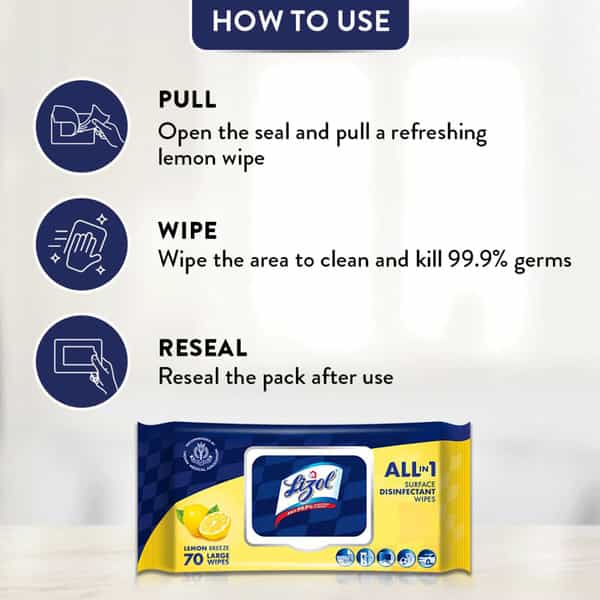 Lizol All-In-1 Surface Disinfectant Wipes Lemon - 70 Count