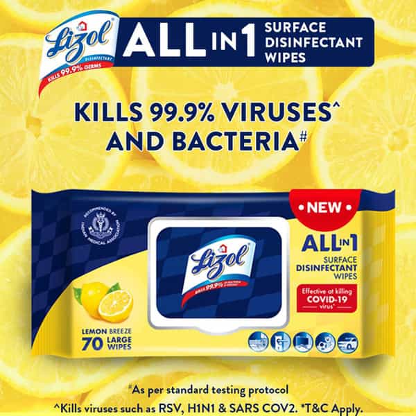 Lizol All-In-1 Surface Disinfectant Wipes Lemon - 70 Count