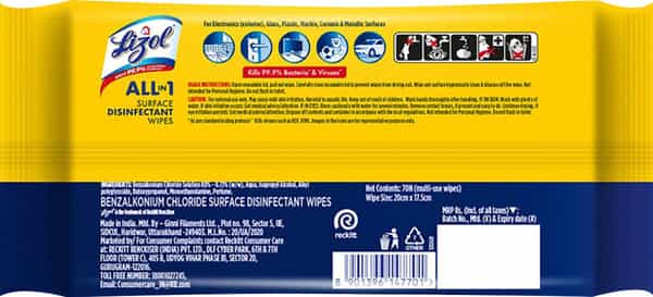 Lizol All-In-1 Surface Disinfectant Wipes Lemon - 70 Count