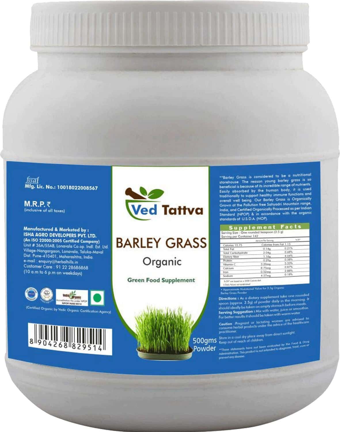 Buy HERBAL HILLS ORGANIC BARLEY GRASS POWDER GREEN FOOD SUPPLEMENT (500