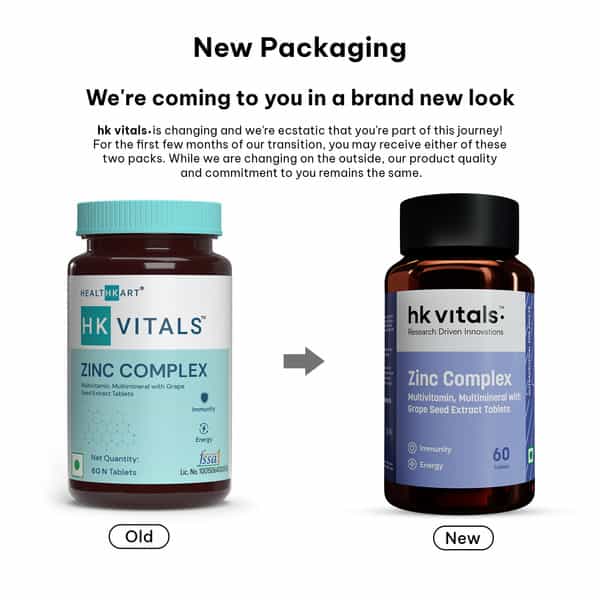 Hk Vitals Zinc Supplements (60 Tablets) | With Vitamin C | Vitamin D3