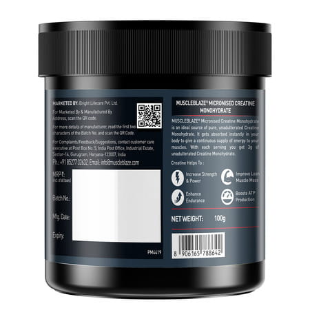 Muscleblaze Micronized Creatine Monohydrate Powder| Unflavoured (100g) With Shaker