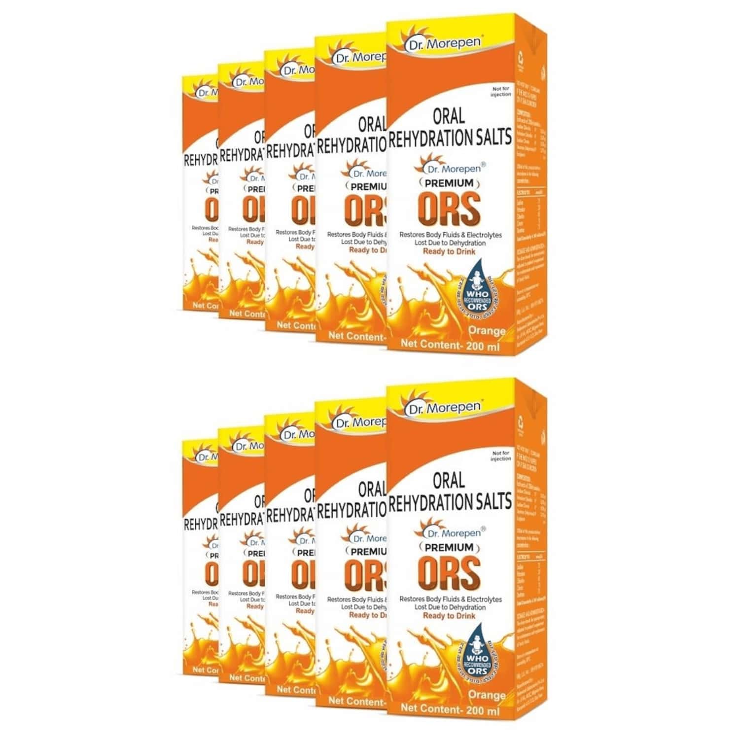 Dr. Morepen Premium Ors Drink With Electrolytes | Orange Flavour - 200ml Pack Of 10