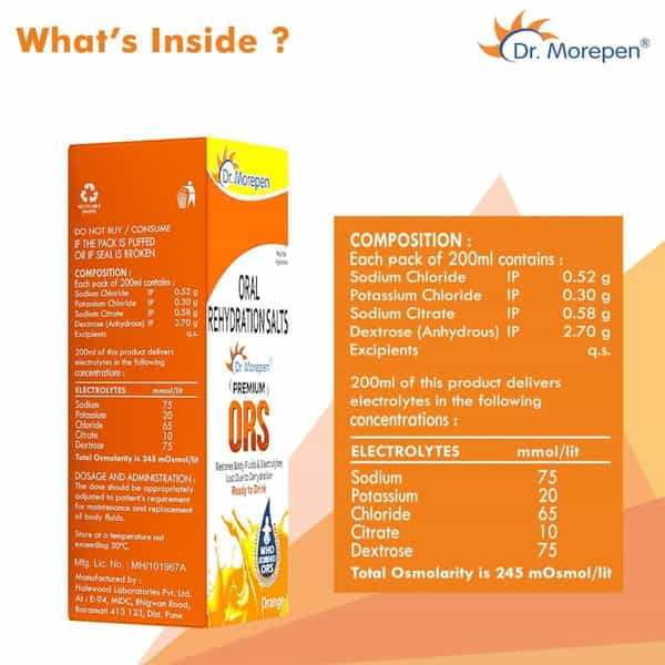 Dr. Morepen Premium Ors Drink With Electrolytes | Orange Flavour - 200Ml Pack Of 10