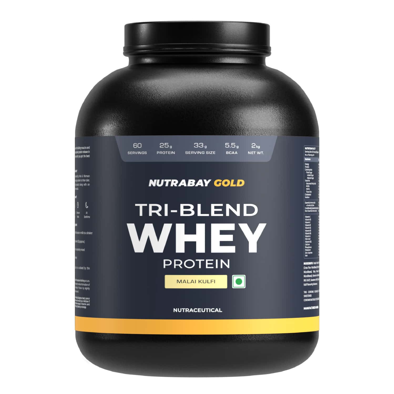 Nutrabay Gold Tri Blend Whey Protein Powder - 25g Protein | 5.5g Bcaa - 2kg | Malai Kulfi