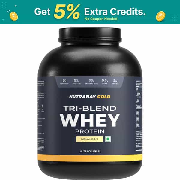 Nutrabay Gold Tri Blend Whey Protein Powder - 25G Protein | 5.5G Bcaa - 2Kg | Malai Kulfi