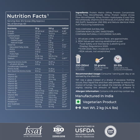 Nutrabay Gold Tri Blend Whey Protein Powder - 25g Protein | 5.5g Bcaa - 2kg | Malai Kulfi