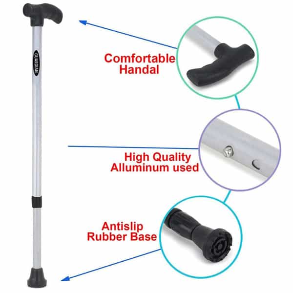 Guardian Walking Stick For Patients | Unisex | Adjustable | Steel | Grey